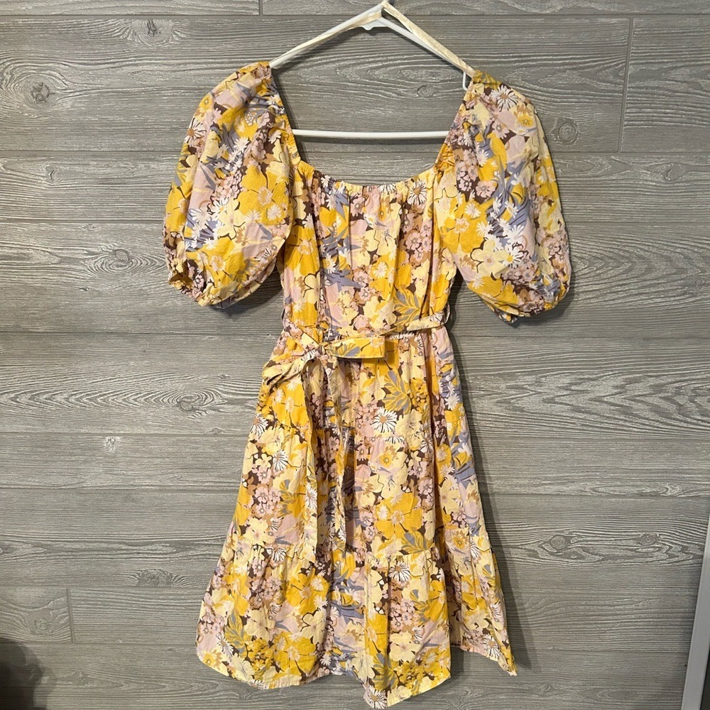 Sim & Sam Yellow Floral Puff Sleeve Tiered Mini Dress Smocked‎ Back XS